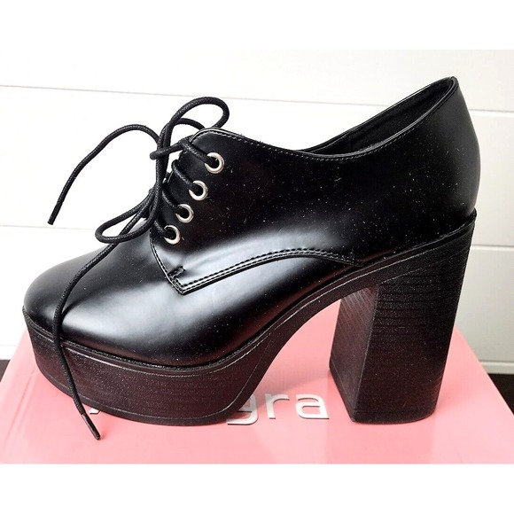 Allegra K Shoes - Allegra K Womens Black‎ Faux Leather Platform Chunky Heel Lace Up Oxford Shoes 9